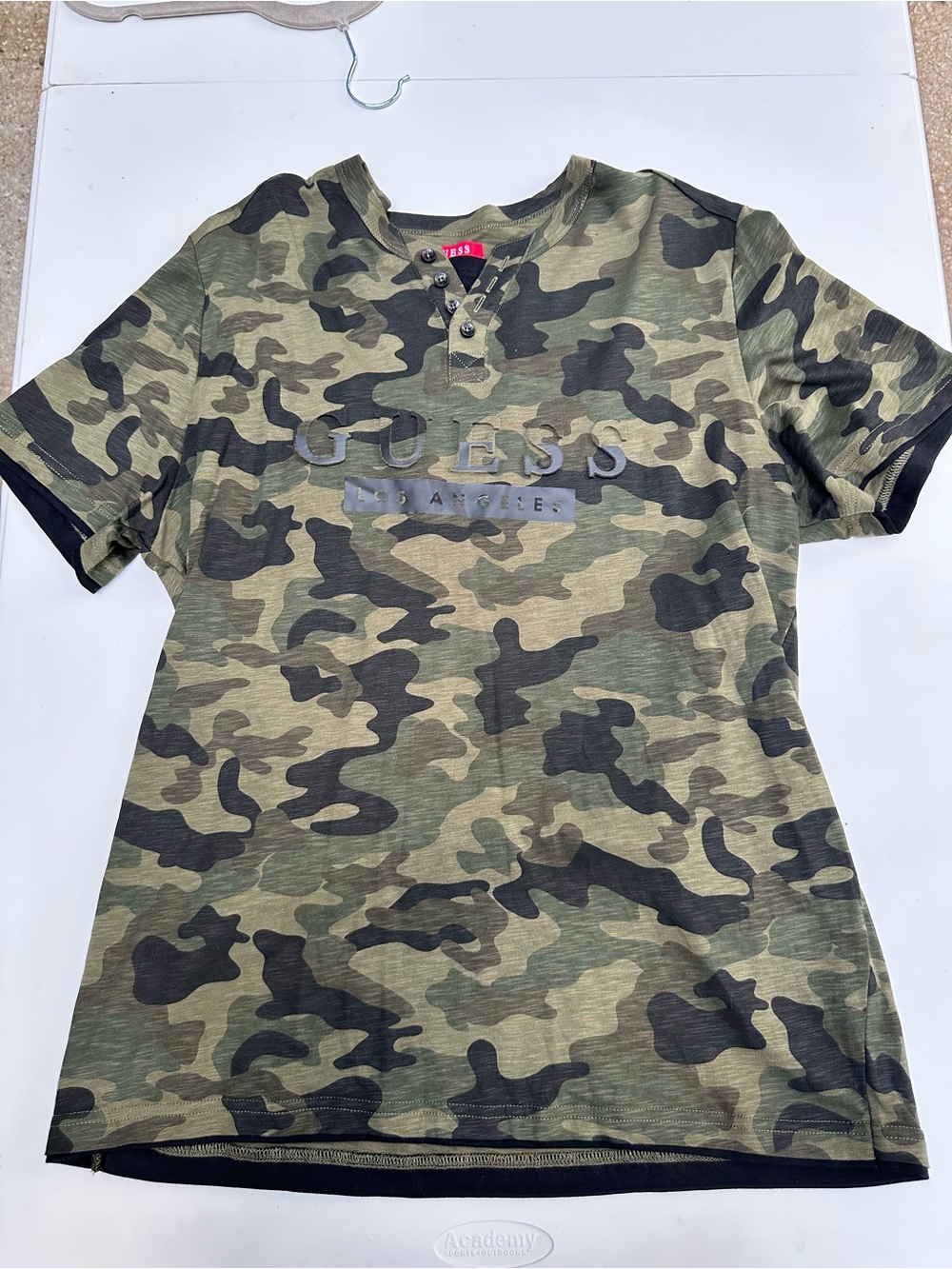 GUESS Green and Black Camo Henley Tee